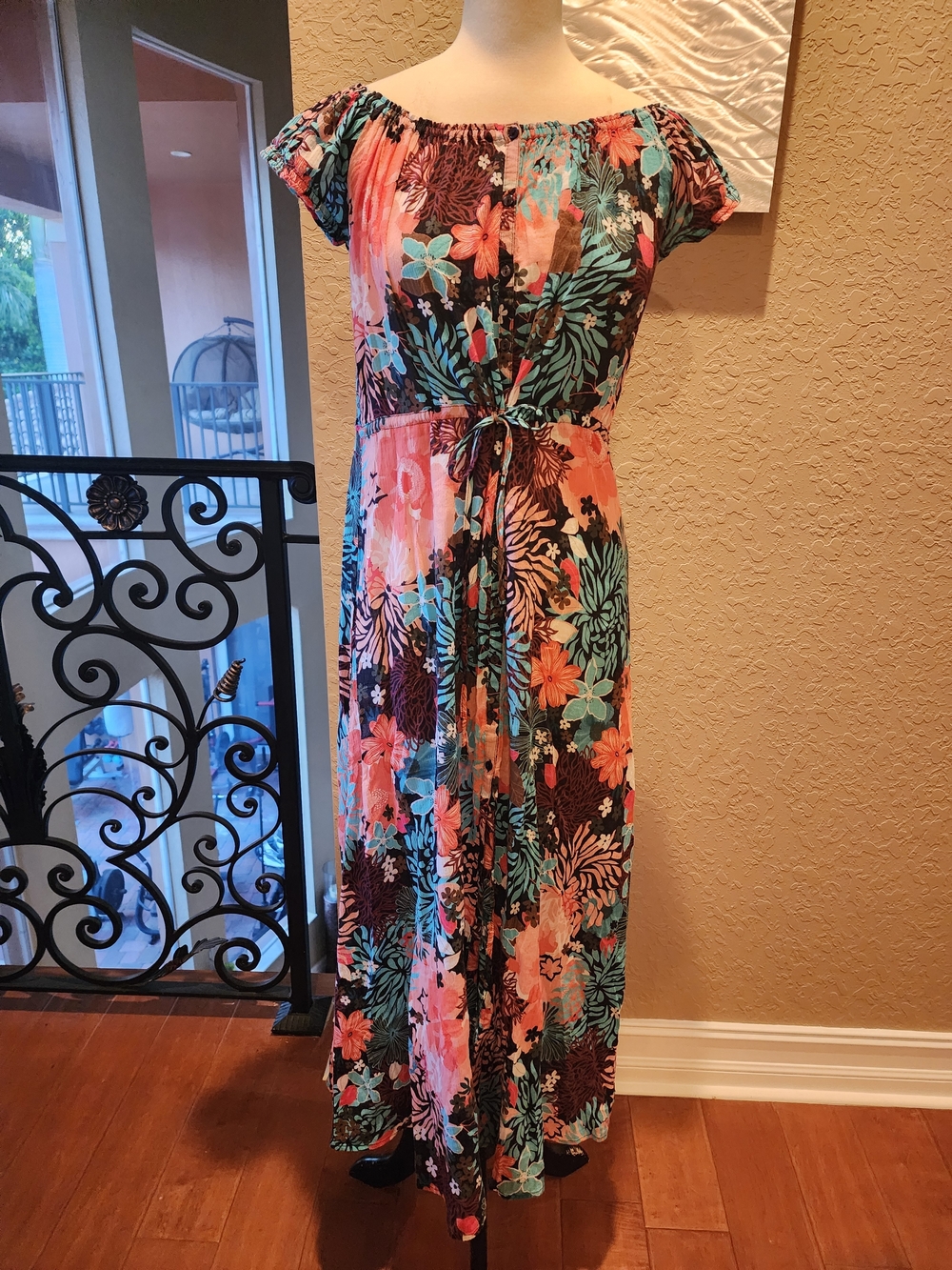 Vince Camuto Coral & Teal Floral Off-Shoulder Maxi Dress